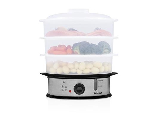 Tristar Vs-3914 Dampfgarer Bpa Frei, 3 Korb/Körbe, Schwarz, Edelstahl, Durchscheinend, Arbeitsplatte, Drehregler, Vorderseite, 11 L