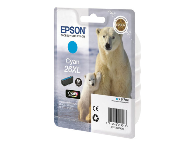 Epson 26Xl - 9.7 Ml - Xl - Cyan - Original - Blækpatron - For Expression Premium Xp-510, 520, 600, 605, 610, 615, 620, 625, 700, 710, 720, 800, 810,
