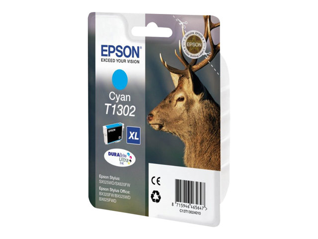 Epson Stag T1302 Hirsch Durabrite Ultra Single Cyan Tinte, High (L) Yield, Cyan, 10,1 Ml, 1 Stück(E), 765 Seiten, Einzelpackung