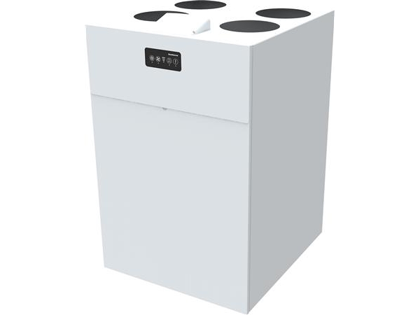 Dantherm HCV700 ilmanvaihtokone (energia A), seinämalli, jossa on sisäänrakennettu etupaneeli. 360 m³/h ilmavirta 90 Pa:n paineella ja SEL 1000 J/m³.