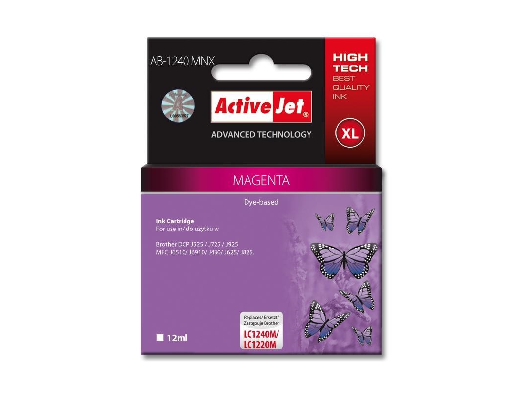 Activejet Ab-1240Mnx (Erstatning Brother Lc1240m/1220M Supreme 12 Ml Rød), Højt (Xl) Udbytte, Magenta, Farvebaseret Blæk, 12 Ml, 1 Stk, Enkelt Pak