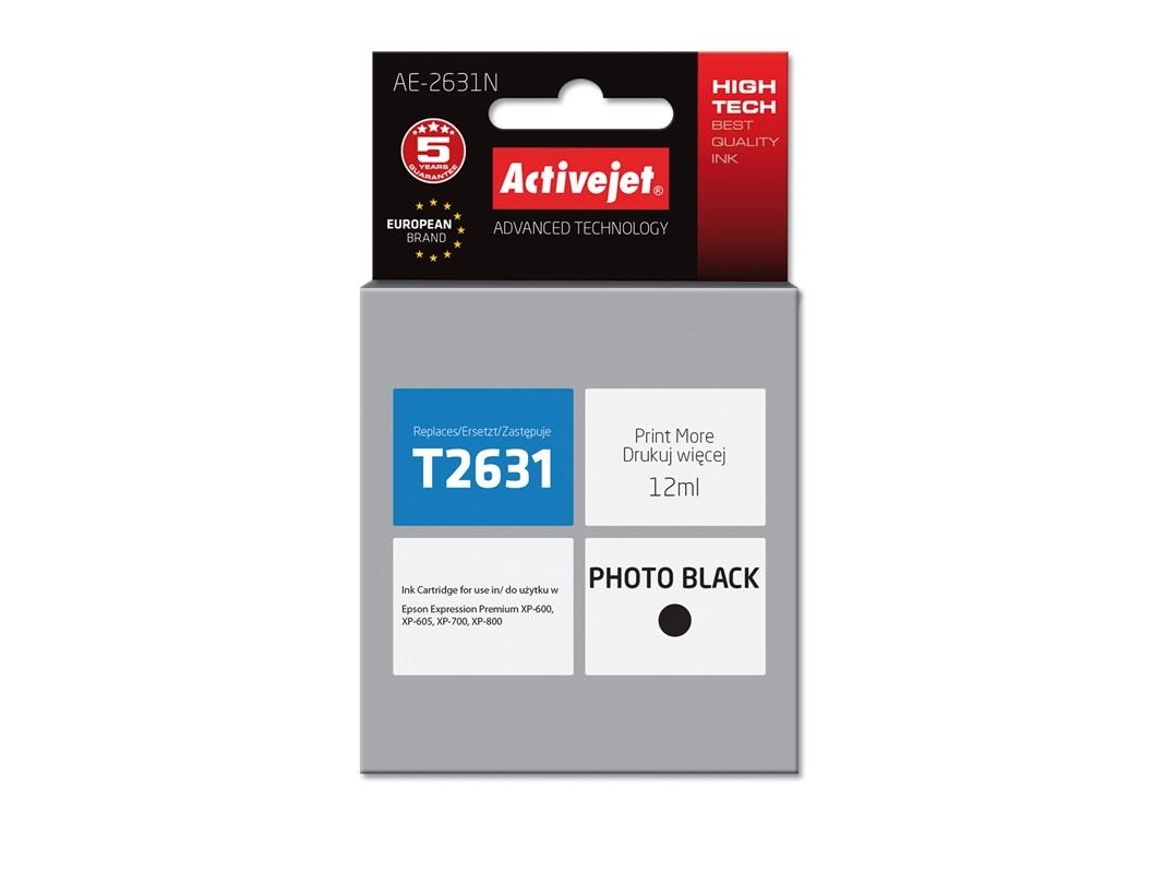 Activejet Ae-2631N Blæk (Erstatning Epson 26 T2631 Supreme 12 Ml Sort), Højt (Xl) Udbytte, Pigmentbaseret Blæk, 12 Ml, 1 Stk