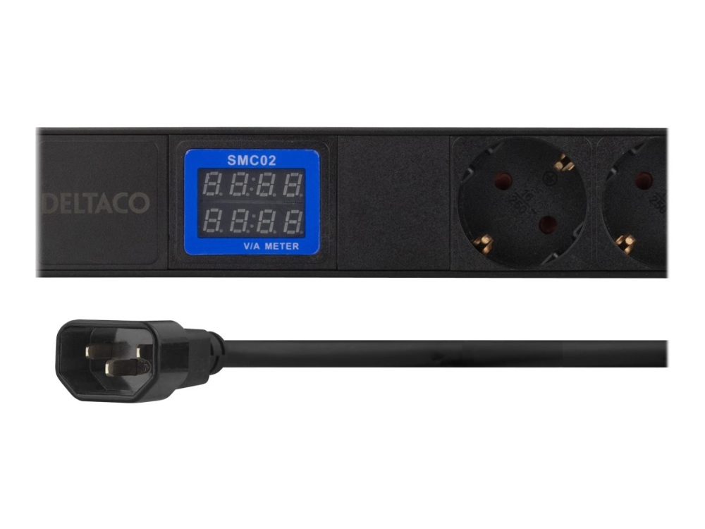 DELTACO GT-8638 - Strømfordelingsenhed (rackversion) - input: IEC 60320 C14 - output-stikforbindelser: 7 (power CEE 7/3) - 19 - 2 m ledning - sort