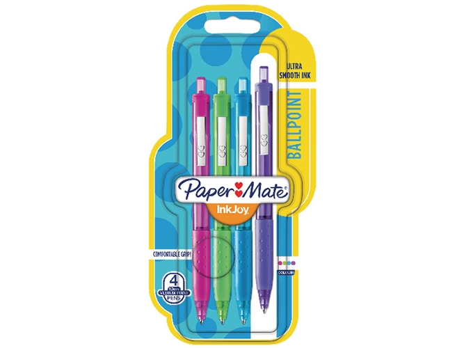 Papermate Inkjoy 300 Rt, Clips, Clip-On Udtrækkelig Kuglepen, Genopfyldelig, Blå, Grøn, Lilla, Rød, 4 Stk, Mellem