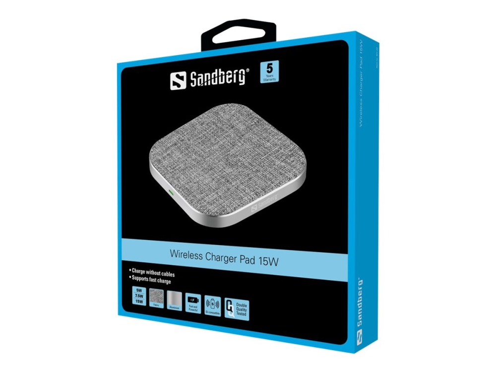 Sandberg Wireless Charger Pad 15W, Drinnen, Usb, Kabelloses Aufladen, 1 M, Grau