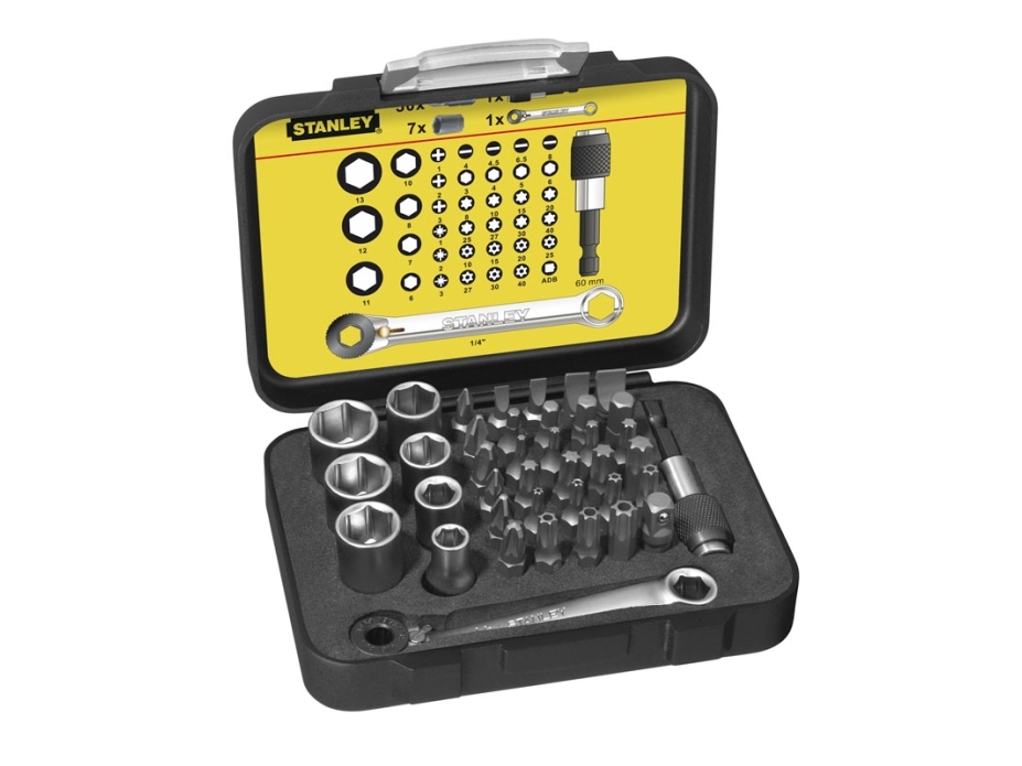 Stanley 1-13-907, 37 stk, Sekskant, Phillips, Stjerneskruetrækker, Hullet, Tamper torx, Torx, 1/4, PH 0, PH 1, PH 2, PH 3, PH 4, PZ 0, PZ 1, PZ 2, PZ 3, PZ 4, 4,4.5,5.5,6,6.5,8 mm