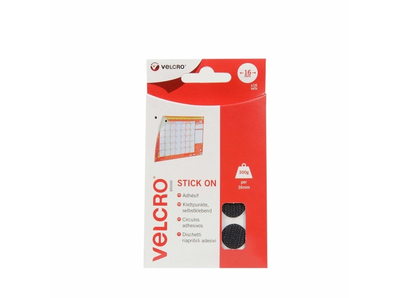 Velcro Stick On - Selvklæbende Krog-Og-Løkke Fastgøring - 1,6 Cm Diameter - Sort (Pakke Med 16)