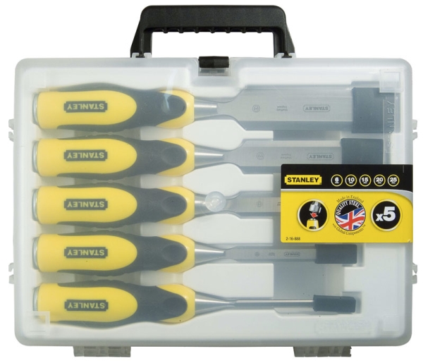 Stanley 2-16-888, Mejselsæt, Skrå kant, Kulstofstål, Sort, Gul, Metal, 6,10,15,20,25 mm