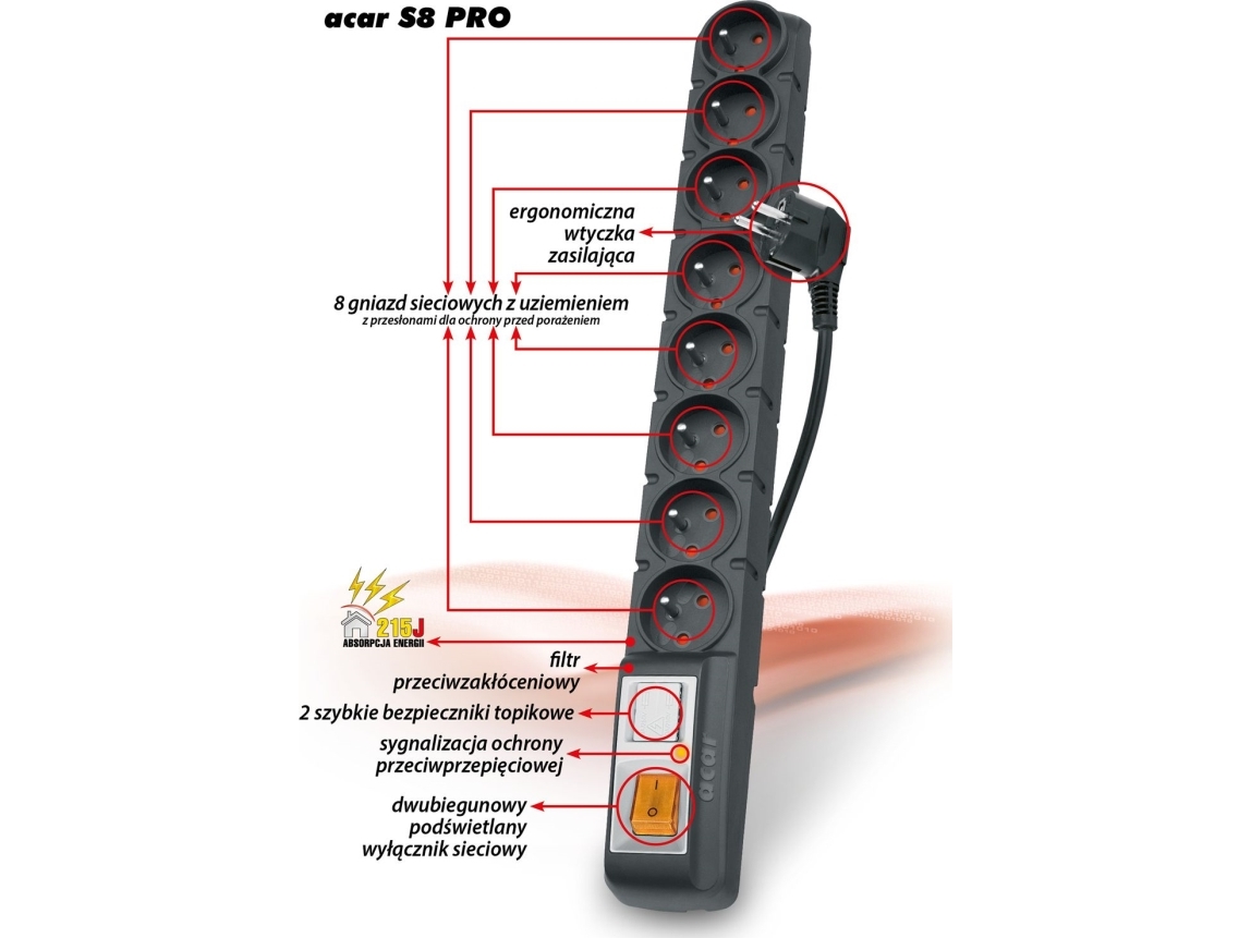 Acar S8 Pro, 8 Ac-Ausgänge, 230 V, 50 Hz, 2300 W, Schwarz, Kunststoff
