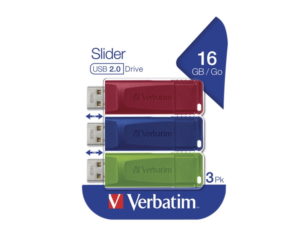 Verbatim Slider - USB flashdrive - 16 GB - USB 2.0 - blå, rød, grøn (pakke med 3)