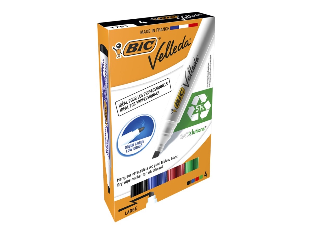 Bic Velleda Whiteboard Marker 1751, 4 Stück(E), Schwarz, Blau, Grün, Rot, Meißel, Schwarz, Blau, Grün, Rot, Weiß, Rund, Tinte Auf Alkoholbasis