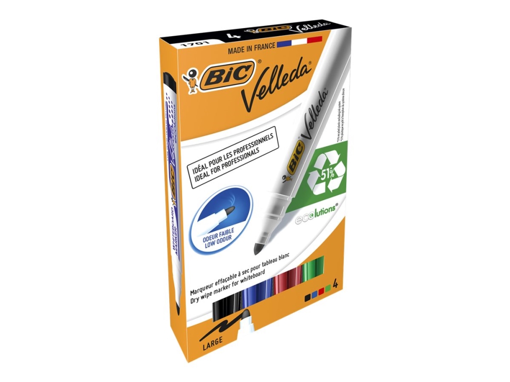 Bic Velleda Whiteboard Marker 1701, 4 Stück(E), Schwarz, Blau, Grün, Rot, Rundspitze, Schwarz, Blau, Grün, Rot, Weiß, Kunststoff, Rund