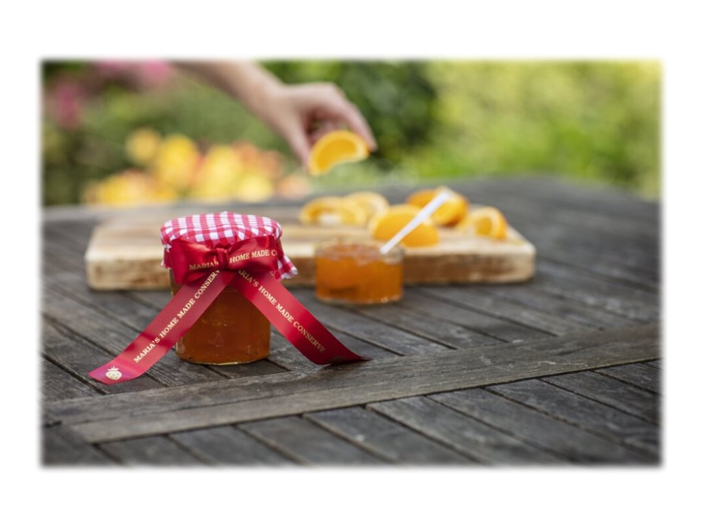 Brother TZe-RW54 gavebånd 24mm x 4m - guld på vinrød satinbånd