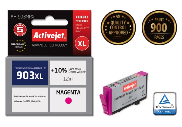 Activejet Ah-903Mrx Tintenpatrone (Ersatz Für Hp 903Xl T6m07ae Prämie 12Ml Magenta), Hohe (Xl-) Ausbeute, Tinte Auf Farbstoffbasis, 12 Ml, 900 Seiten