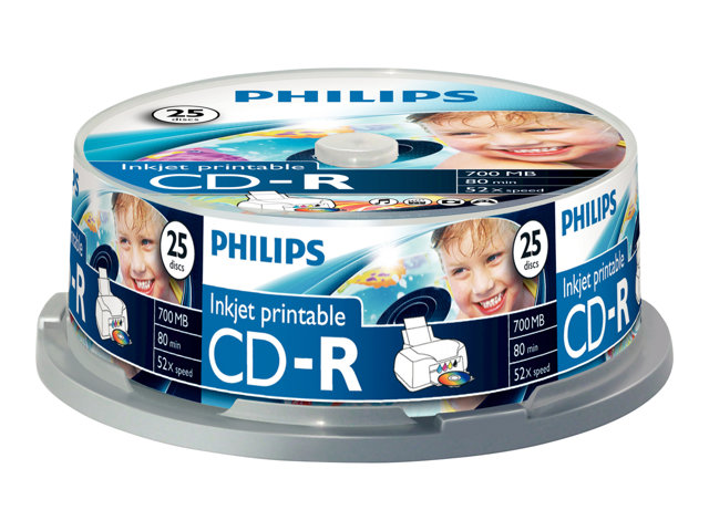 Philips CR7D5JB25 - 25 x CD-R - 700 MB (80 Min) 52x - mit Tintenstrahldrucker bedruckbare Oberfl?che - Spindel (CR7D5JB25/00)