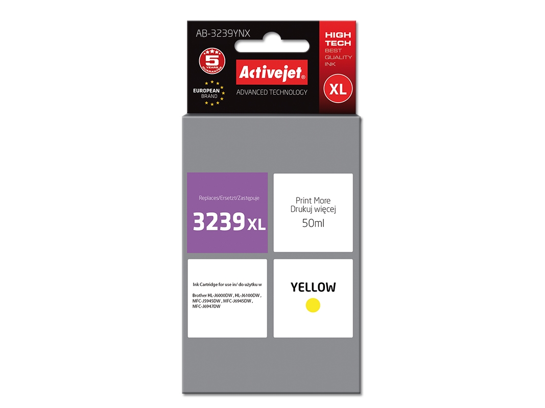 Activejet Ab-3239Ynx Tintenpatrone (Ersatz Für Brother Lc3239xly Höchste 50Ml Gelb), Hohe (Xl-) Ausbeute, Gelb, Tinte Auf Farbstoffbasis, 50 Ml, 1 St