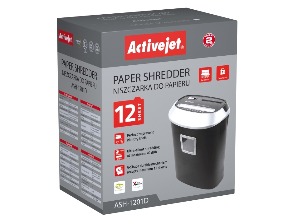 Activejet Ash-1201D Aktenvernichter Streifenzerkleinerung 22 Cm Schwarz, Silber, Streifenzerkleinerung, 22 Cm, 25 L, 70 Db, Tasten, 2250 Mm/Min