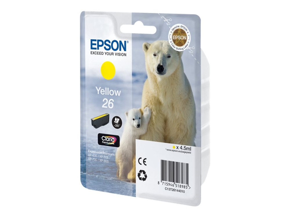 Epson 26 - 4.5 Ml - Gul - Original - Blækpatron - For Expression Premium Xp-510, 520, 600, 605, 610, 615, 620, 625, 700, 710, 720, 800, 810, 820
