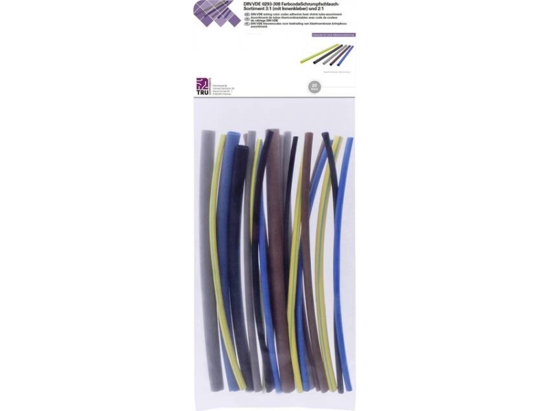 Conrad T1902ca044, Varmekrympet Rør, Sort, Blå, Brun, Grå, Gul, Polyethylen, 20 Stk, 125 °C, Polybag