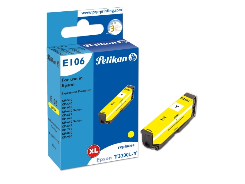 Pelikan E106, Kompatibel, Gul, Epson, Xp-530 Xp-540 Xp-630 Xp-630 Series Xp-635 Xp-640 Xp-640 Series Xp-645 Xp-710 Xp-830 Xp-900, 1 Stk, Højt (Xl) Ud