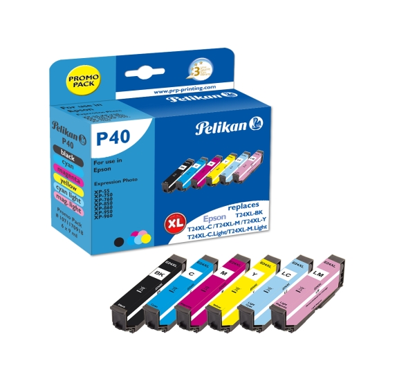 Pelikan P40, Kompatibel, Sort, Blå, Lys Cyan, Lys Magenta, Magenta, Gul, Epson, Multi Pack, Expression Photo Xp-55, Expression Photo Xp-750, Expressi