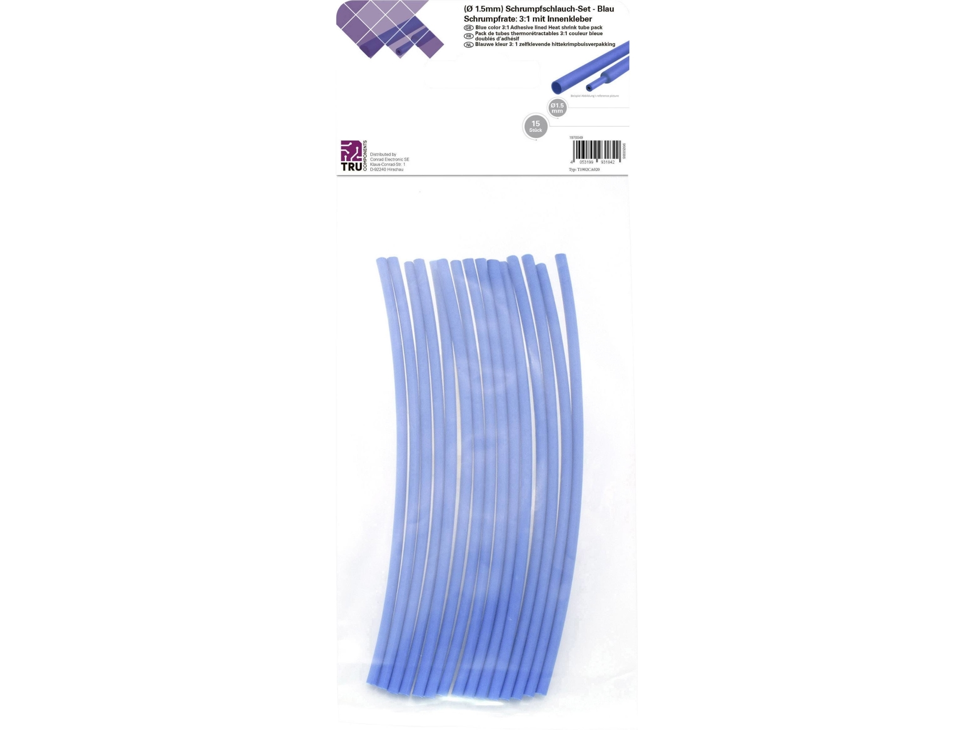 Conrad T1902ca020, Schrumpfschlauch, Blau, Polyethylen, 15 Stück(E), 125 °C, Polybag