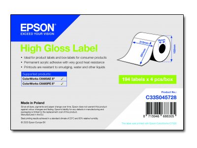 Epson High Gloss Label - Die-Cut Roll: 210Mm X 297Mm, 194 Labels, Weiß, Selbstklebendes Druckeretikett, Gestanztes Etikett, Tintenstrahl, Acryl, Daue