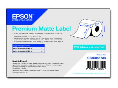 Epson Premium Matte Label - Die Cut Roll: 210Mm X 297Mm, 200 Labels, Selbstklebendes Druckeretikett, Gestanztes Etikett, Tintenstrahl, Acryl, Permane