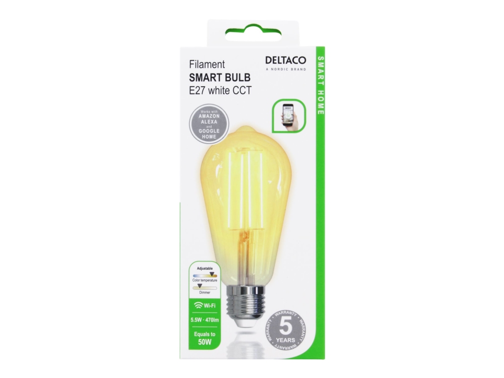 DELTACO SMART HOME - LED-filament-lyspære - form: ST64 - E27 - 5.5 W (tilsvarende 50 W) - klasse F - varmt hvidt/koldt hvidt lys - 1800-6500 K