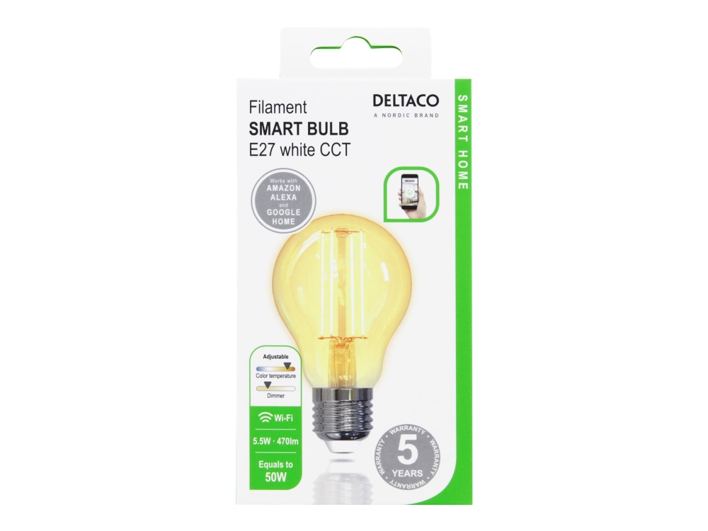 DELTACO SMART HOME - LED-glödlampa med filament - form: A60 - E27 - 5.5 W (motsvarande 50 W) - klass F - varmt vitt/kallt vitt ljus - 1800-6500 K | Smarta hem - Smart belysning - E27 Smarta Lampor | GameStuff