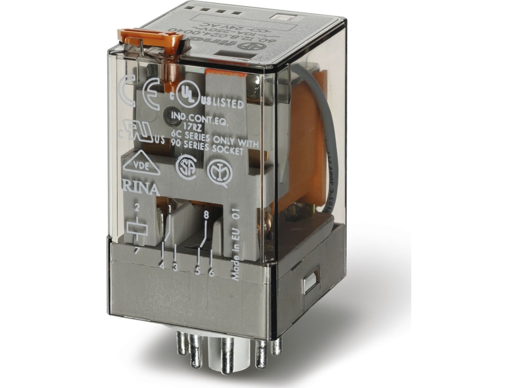 Finder Industrie-Relais 2P 10A 24V Ac Mit Testtaste, Led, Mechanischer Anzeiger (60.12.8.024.0054)