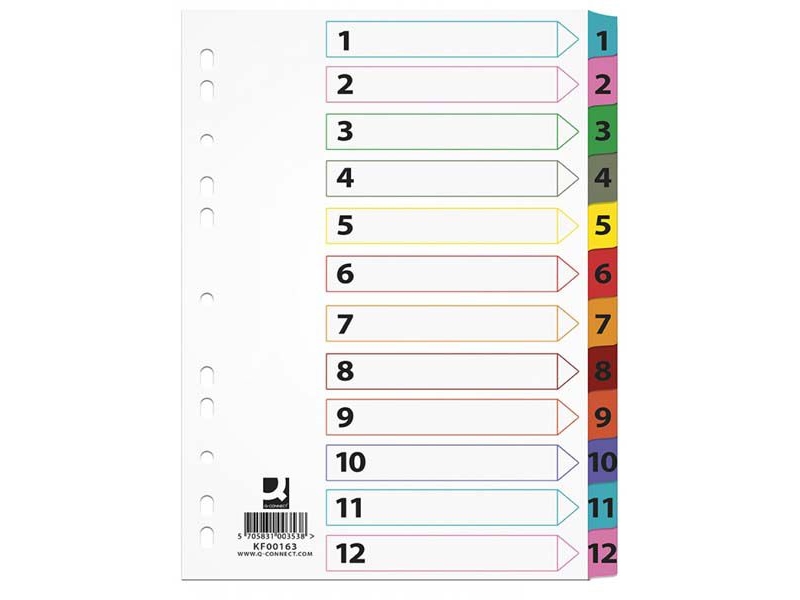 Q-Connect Mylar-Tabs, Karton, A4, 225X297mm, 1-12, 12 Karten, Lam. Index, Mix Colors
