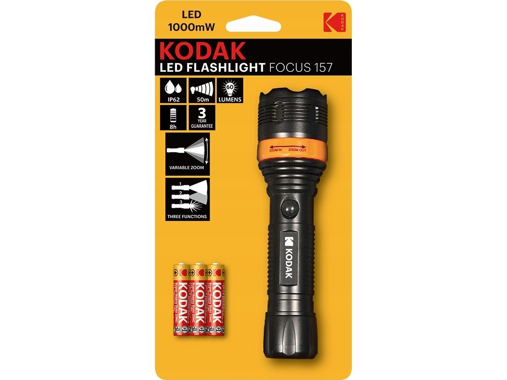 Kodak Reise-Taschenlampe Led Focus 157 60Lm Ip62 Zoom + 3 Batterien
