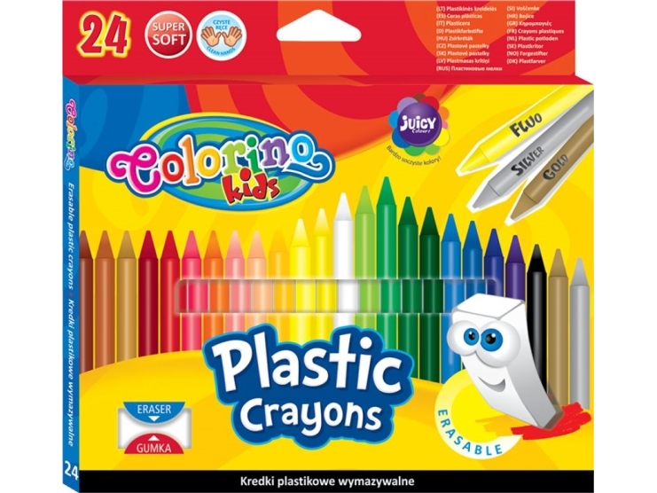 COLORINO LASTEN PYÖREÄT MUOVISET PYYHEKYNÄT PYYHEKUMIN KANSSA 24 VÄRIÄ