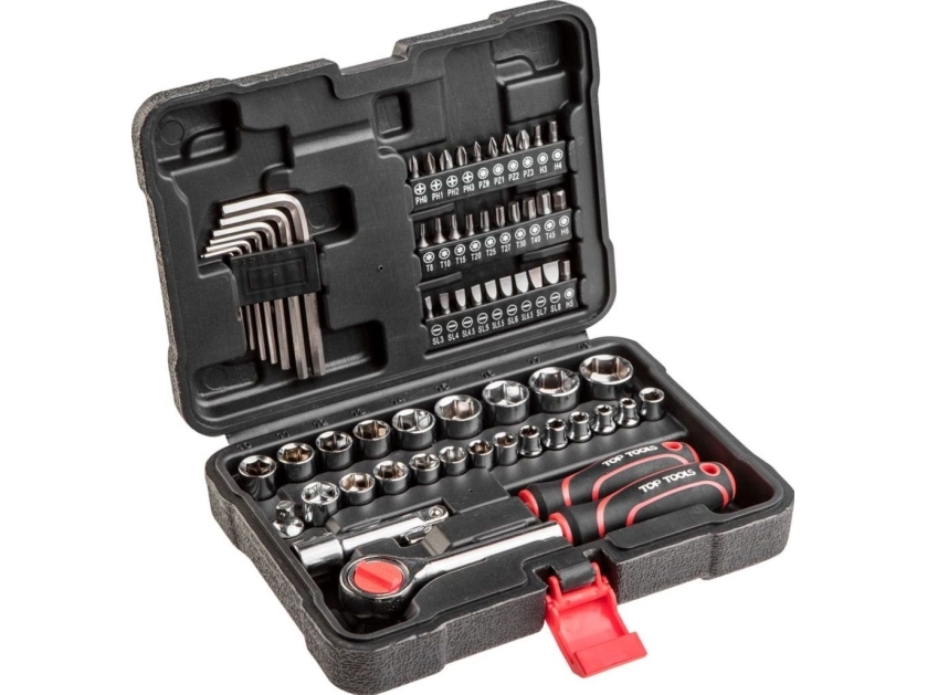 TOPTOOLS Antgalių ir galvučių rinkinys su tekškle TOP TOOLS, 3/8, su atsuktuvu, terkšle ir raktais, 63 vnt.
