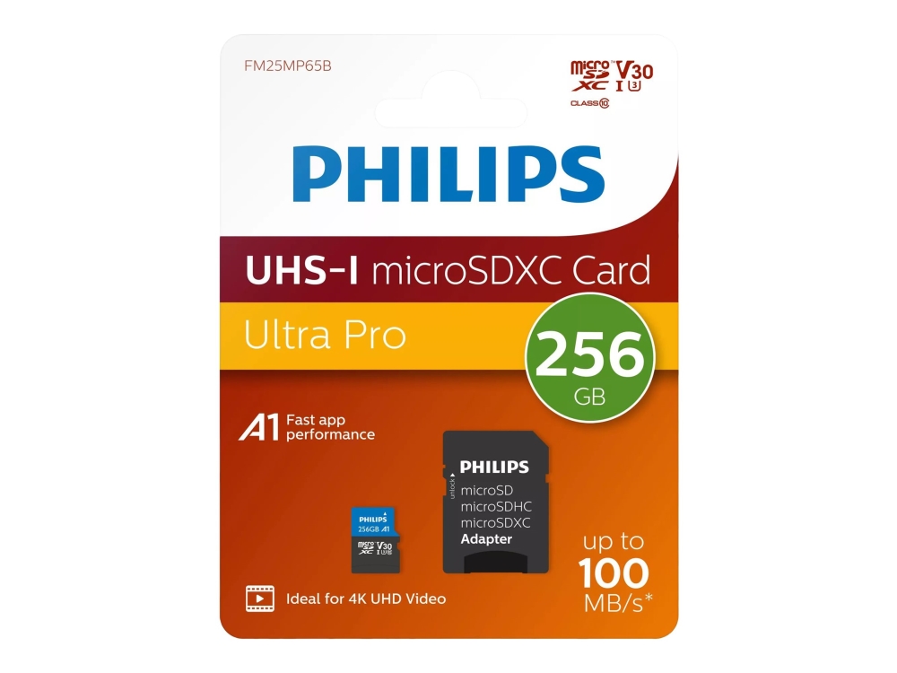 Philips Ultra Pro Fm25mp65b - Flashhukommelseskort (Sd Adapter Inkluderet) - 256 Gb - A1 / Video Class V30 / Uhs-I U3 / Class10 - Microsdxc
