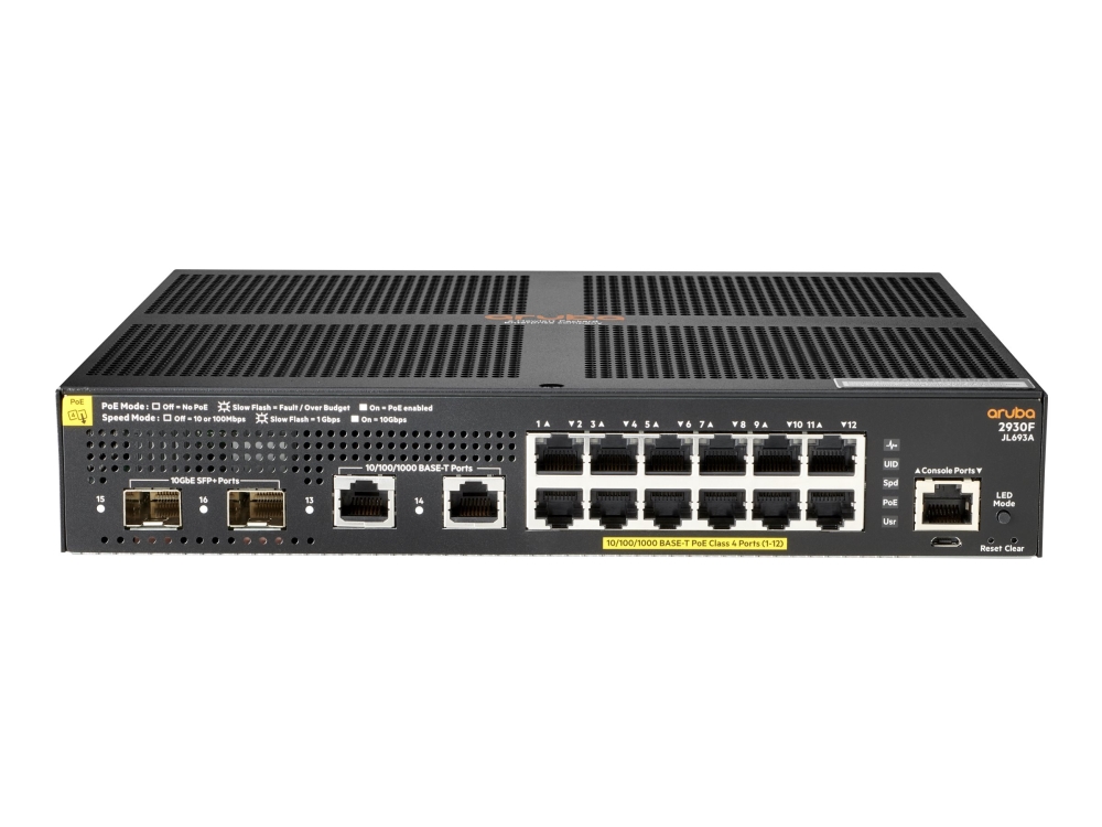 HPE Aruba 2930F 12G PoE+ 2G/2SFP+ - Switch - L3 - Administreret - 12 x 10/100/1000 (PoE+) + 2 x 1 Gigabit / 10 Gigabit SFP+ (uplink) + 2 x 10/100/1000 - monterbar på stativ - PoE+ (139 W) | Datortillbehör - Nätverk - Switchar | GameStuff