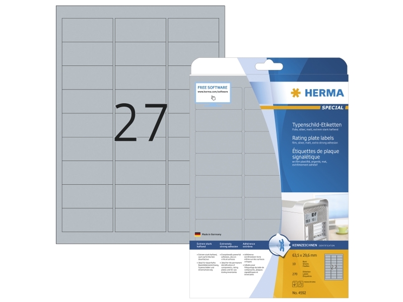 HERMA SPECIAL nameplate labels, 63.5 x 29.6 mm, silver polyester film, extremely strong adhesive, matt, weatherproof, - 1 piece (4592) | Skrivare - Skrivarpapper | GameStuff