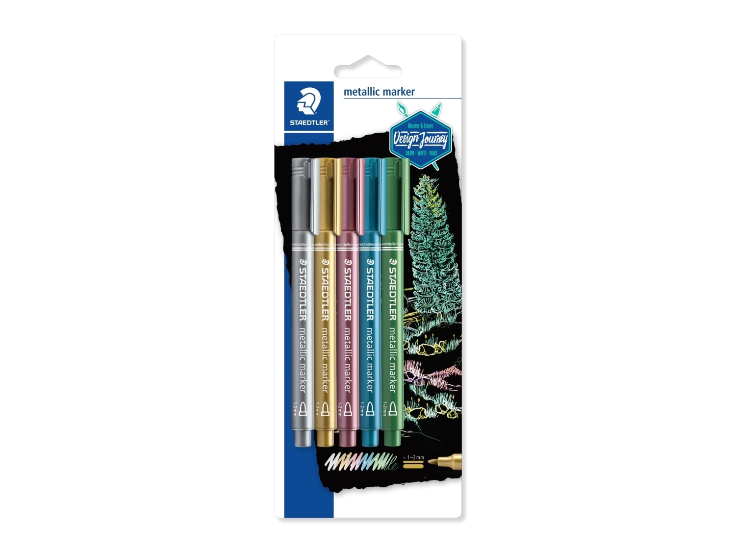 Staedtler Metallic Marker Design Journey Sortiert 5Er Karte, Mehrfarbig, Mehrfarbig, 5 Farben, Rund, 1 Mm, 2 Mm