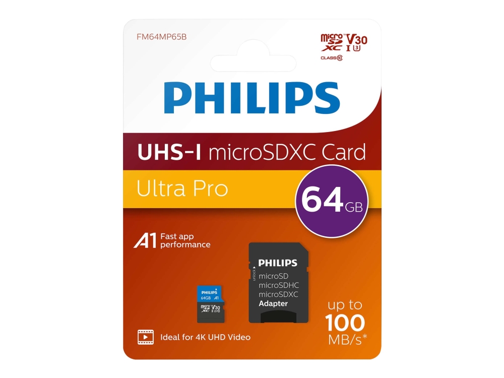 Philips Ultra Pro Fm64mp65b - Flashhukommelseskort (Sd Adapter Inkluderet) - 64 Gb - A1 / Video Class V30 / Uhs-I U3 / Class10 - Microsdxc