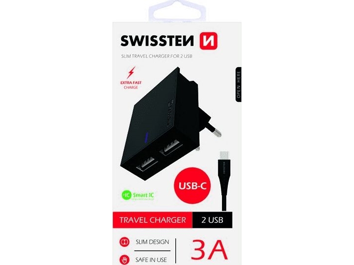 Phone Accessories Swissten Smart Ic Tinklo Įkroviklio Rinkinys 2Xusb 3A+Type C Duomenų Kabelis 1,2M, Juodas