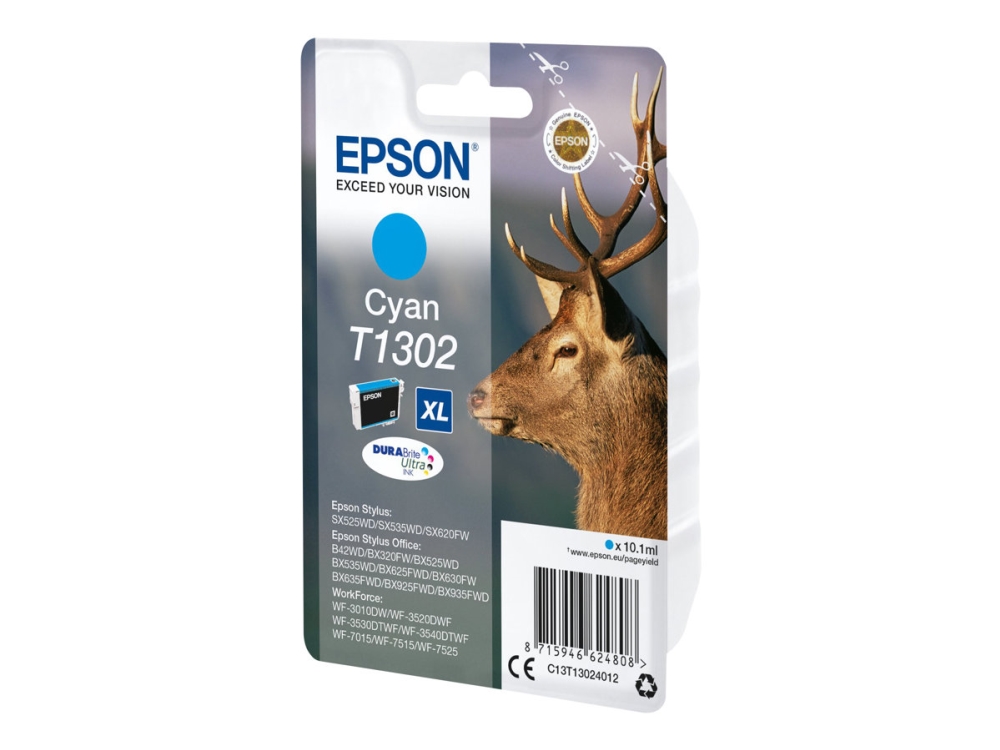 Epson Stag Singlepack Cyan T1302 Durabrite Ultra Ink, Hohe (Xl-) Ausbeute, 10,1 Ml, 765 Seiten, 1 Stück(E)
