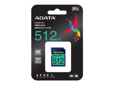 ADATA Premier Pro SDXC UHS-I U3 Class 10 (V30S) - Flashhukommelseskort - 512 GB - Video Class V30 / UHS-I U3 / Class10 - SDXC UHS-I