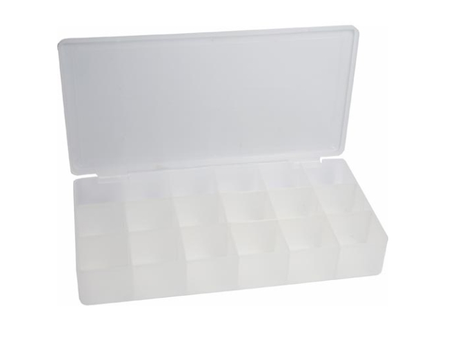 Inline Kleinteile Leerbox, 18 Fächer, Abmessungen: 213X114x35mm, Kunststoff, Weiß, 213 Mm, 114 Mm, 35 Mm, 136 G