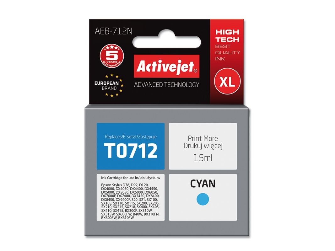 Activejet Aeb-712N Blæk (Erstatning Epson T0712, T0892, T1002 Supreme 15 Ml Blå), Højt (Xl) Udbytte, 15 Ml, 480 Sider, 1 Stk