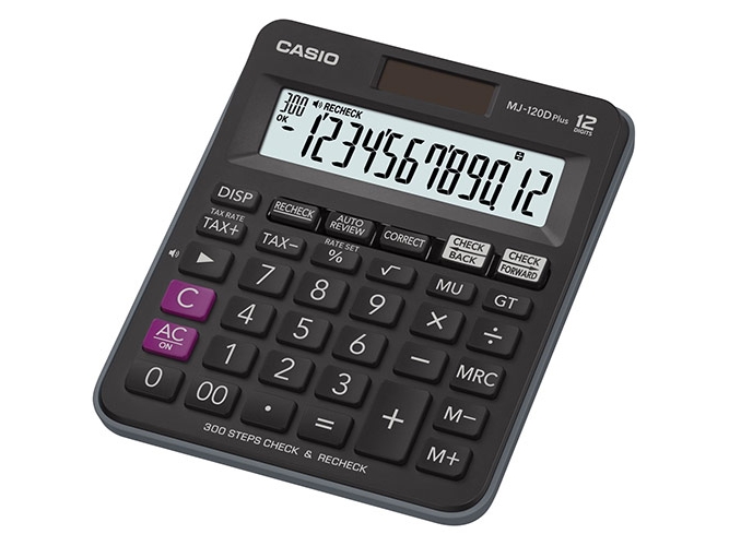 Casio MJ-120D Plus, Desktop, Basis, 12 cifre, Batteri/Solar, Sort