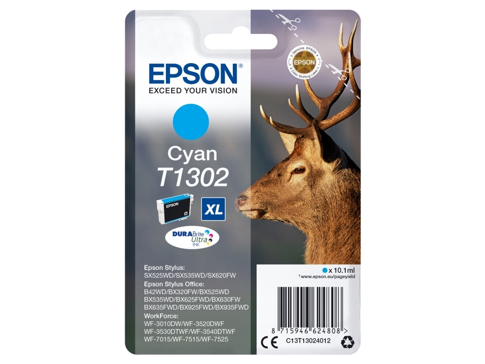 Epson T1302 - 10.1 Ml - Xl - Cyan - Original - Blister Med Rf/Akustisk Alarm - Blækpatron - For Stylus Office Bx535, Bx630, Bx635, Bx935 Workforce W