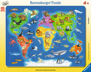 Ravensburger Puzzle 30 palaa - Maailman kartta eläimillä