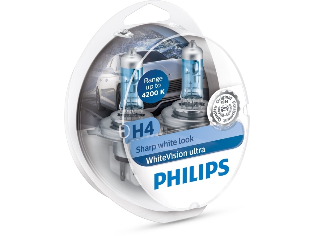 Philips Whitevision Ultra 12342Wvusm Pære Til Frontlys, 55 W, 12 V, H4, Halogen, 4200 K, 1 Stykker