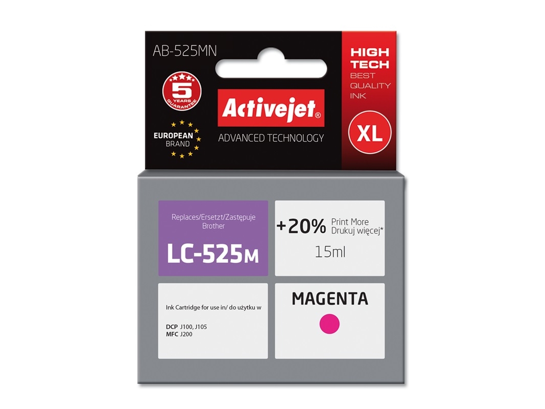 Activejet Ab-525Mn-Blæk (Brother Lc525m-Erstatning Supreme 15 Ml Rød), Højt (Xl) Udbytte, Farvebaseret Blæk, 15 Ml, 1 Stk, Enkelt Pakke